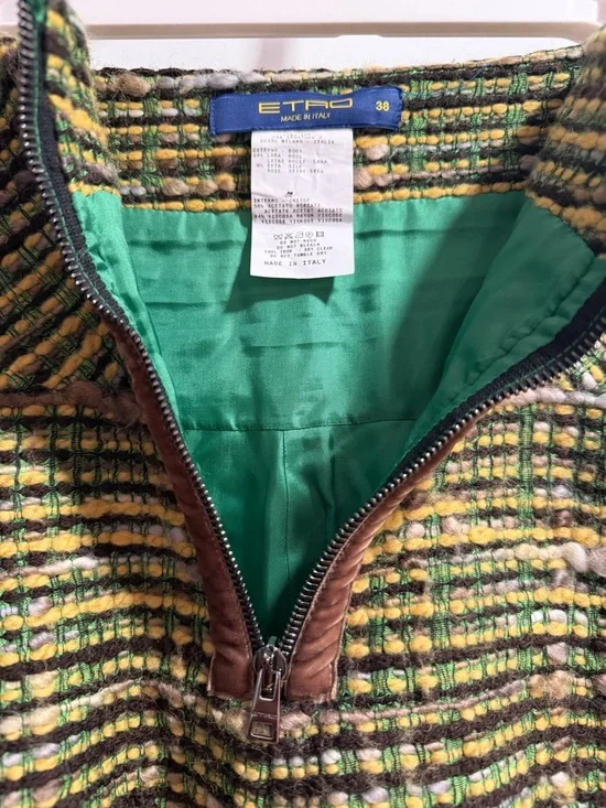 Etro Green Tweed Circle Skirt with Brown Side Panels - Picture 4 of 12